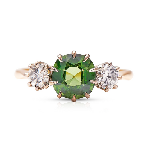 Untreated Antique Art Deco, 18ct Gold, Green Zircon and Diamond Ring