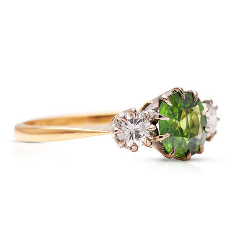 Untreated Antique Art Deco, 18ct Gold, Green Zircon and Diamond Ring