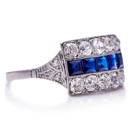 Untreated Antique Art Deco, Platinum, Sapphire and Diamond Ring