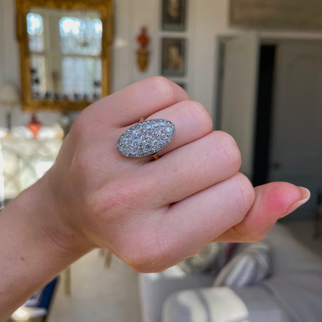 Victorian diamond panel navette ring, worn on hand.